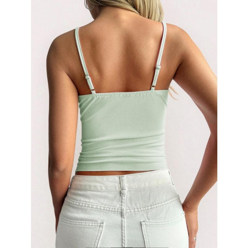 Women Lace Trim V Neck Spaghetti Strap Fitted Crop Cami Top