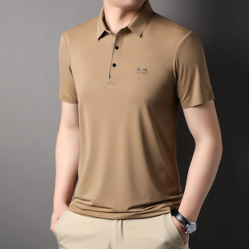 Summer Seamless Ice Silk Lapel Short-sleeved T-shirt Men's Business Casual Printed Stretch Polo Shirt Men's Clothing