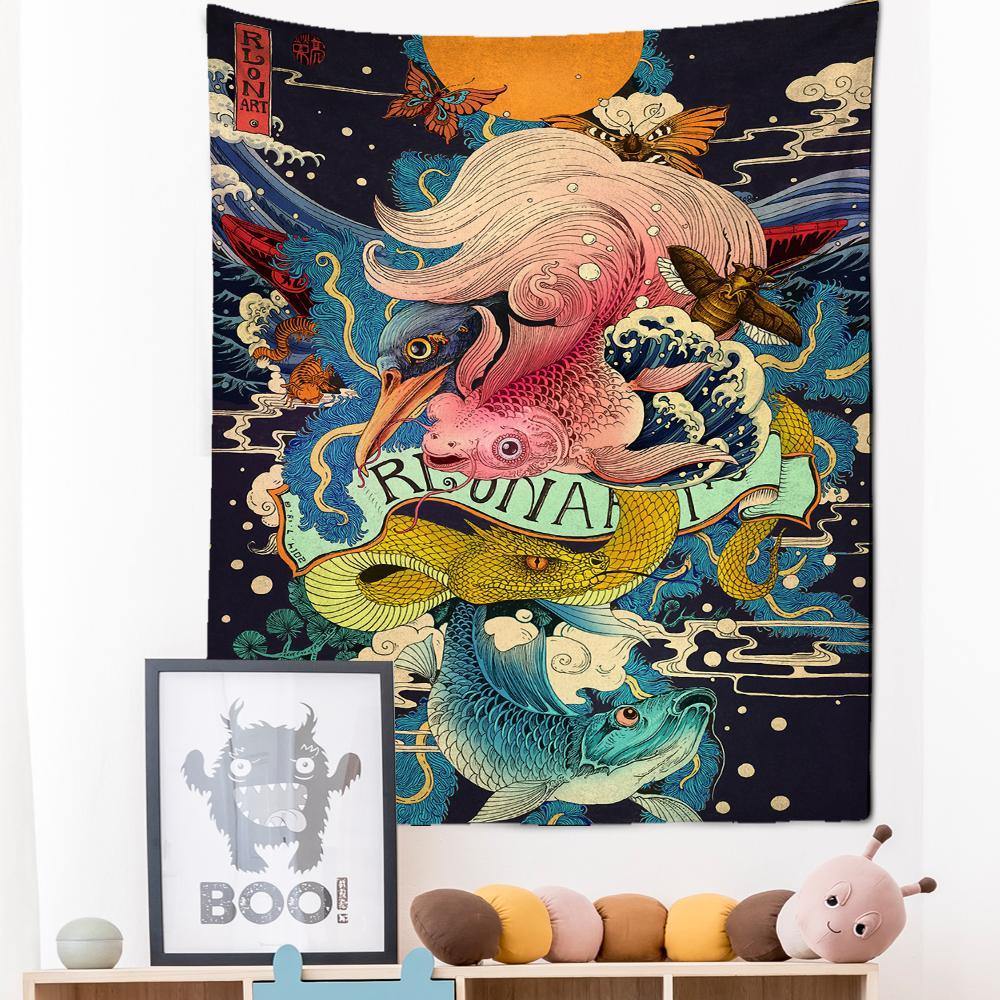 Japanese Illustration Tapestry Wall Hanging Kanagawa Wave Printing Bohemian Hippie Bedroom Home Decor