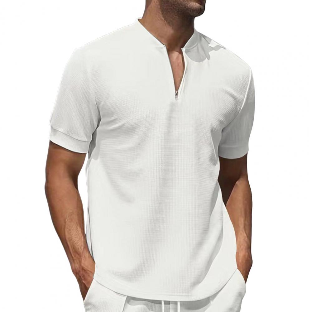 Men Stand Collar Shirt Short Sleeve Solid Color Pullover Top with Zipper Breathable Fitness Tee for Sports Travel Office Daily W