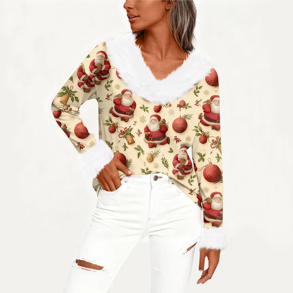 Women's T Shirt Tee Christmas Shirt Long Sleeve Party Christmas Print Fleece Collar V Neck Top