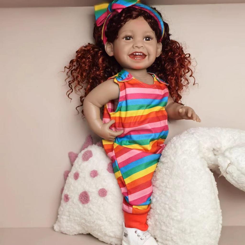 KEIUMI Uśmiechnięta odrodzona lalka dziewczynka czarna skóra realistyczna 55 cm całe ciało silikon winylowe lalki dla noworodków bebe z lokami prezenty świąteczne