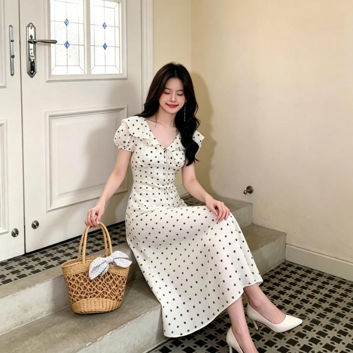 Bubble Sleeve French Lotus Leaf Edge V-Neck Polka Dot Dress Women's Summer Gentle Wind Seaside Tyndall Dress