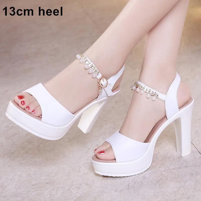 

11cm 13cm Small Size 32-43 Comfortable Pearl Ankle Platform Shoes 2025 Women s Block High Heels Sandals for Office Model Party 32