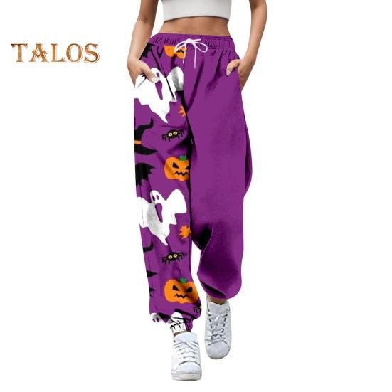 Damen Jogginghose, elastische hohe Taille, verstellbarer Kordelzug, Joggerhose mit Halloween-Kürbis-Print, Fitnesshose