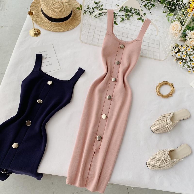 Knitted dress new summer temperament square collar slim and thin breasted sleeveless vest split bottom skirt