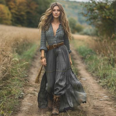 Robe longue à carreaux pour femme, manches longues, chemise boutonnée, robe longue décontractée à col en V