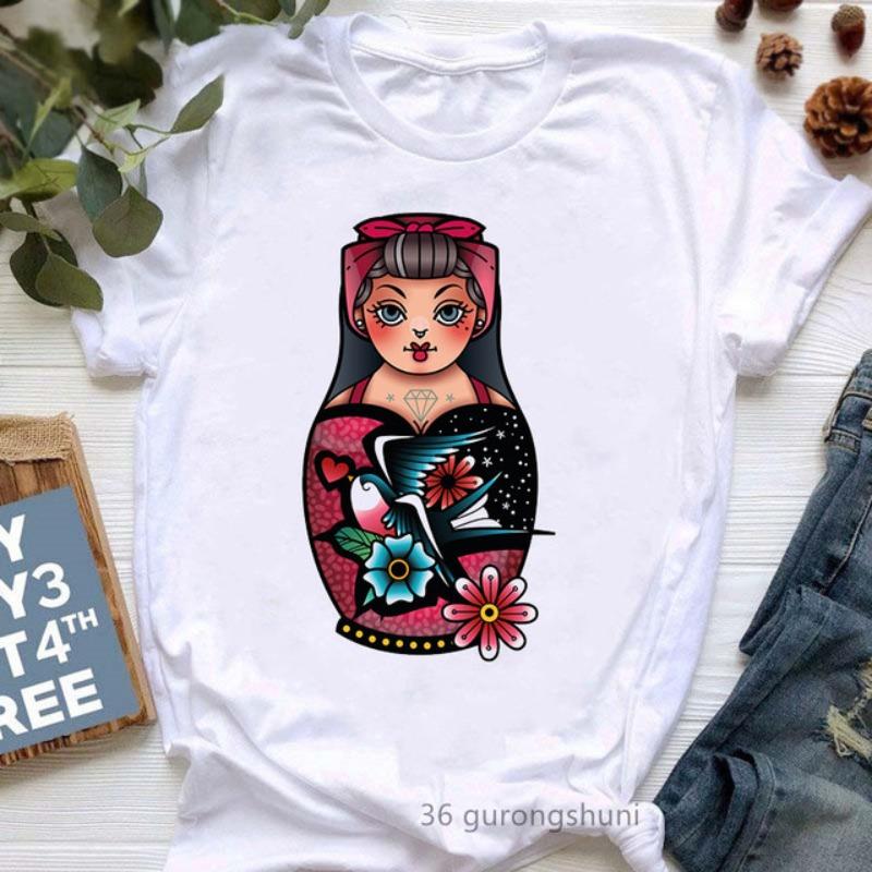 Russian Doll Cartoon Pure Cotton Printed Children's Short Sleeved New Fashion Trend Parent-child Loose Round Neck T-shirt