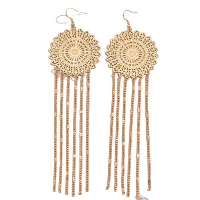Ethnic Style Tassel Earrings with Hollow Flower Design