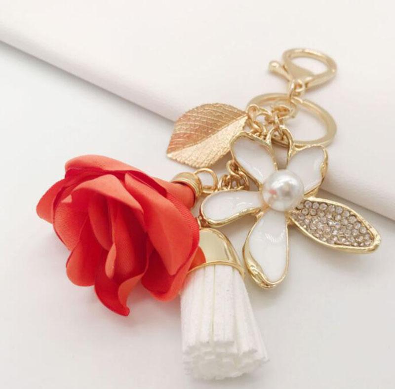 Cloth flower key Ring Chiffon tassel car key chains Lady couple bag New fashion charm flower keychain Party Gift K2029