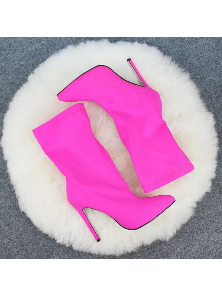 Fashion Neon Pink Pointed - Toe Knee - High Heeled Boots: Fashion - Forward Statement Footwear Stretch Cloth