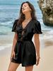 Womens Bow Front Romper Puff Sleeve V Neck Summer Short Jumpsuit with Pockets