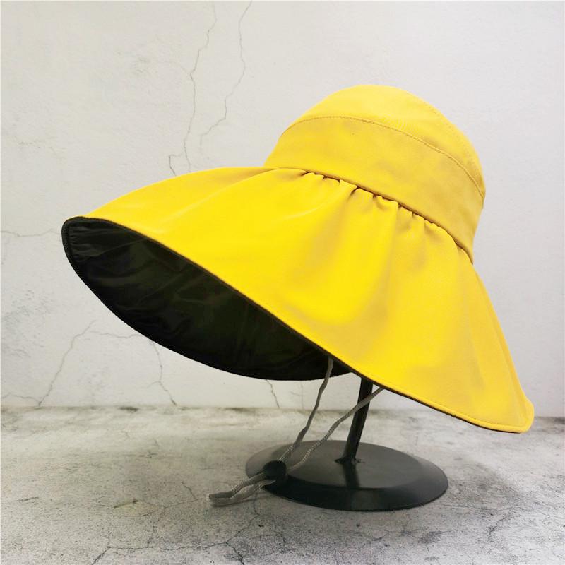 Women's Black Vinyl Bucket Hat with UV Face Shield, Adjustable & Foldable Summer Sun Protection Hat.