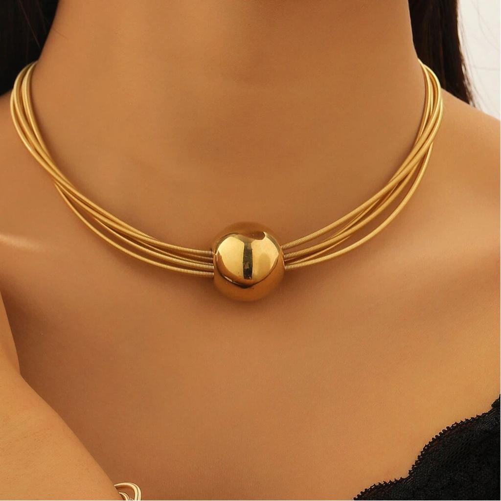Multi Strand Choker Necklace with Central Ball Pendant Gold Tone Statement Collar for Women
