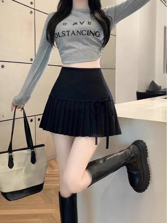 Women's College Style Black Lace-Up Pleated A-Line Skirt - High-Waisted, Slim Fit, Petite, Spring/Summer 2025