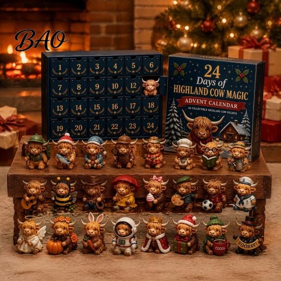 Rustikální vánoční ozdoby 24 dní kouzla skotského kravína adventní kalendář, unikátní miniaturní kalendářní figurky, venkovský sváteční dekor, dárek s odpočítáváním