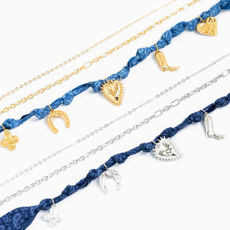 Stainless Steel Necklace Love Cross Pendant Silk Scarf Cloth Strip Necklace Electroplated 18K Gold Color Retention