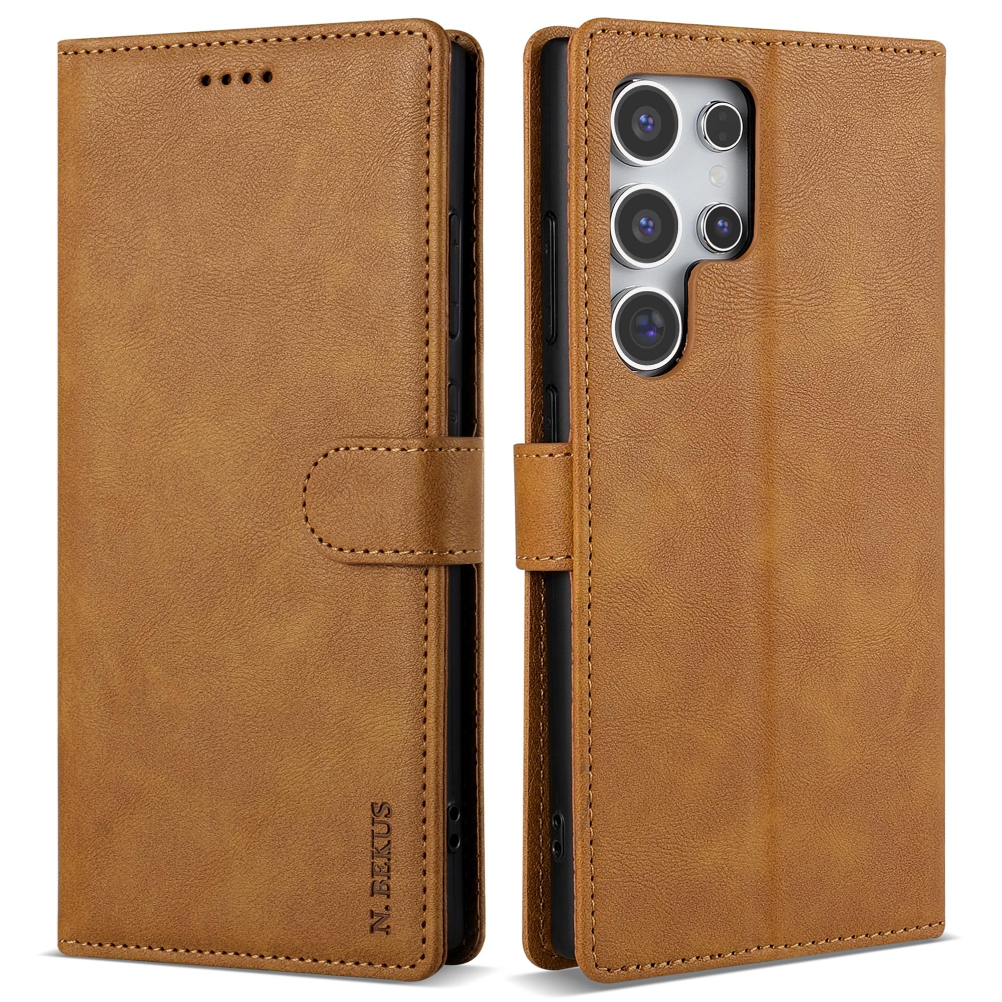 

N.BEKUS CSJ-001 Чехол для телефона Samsung Galaxy S23 Ultra, однотонный, кожаный, с кошельком Brown