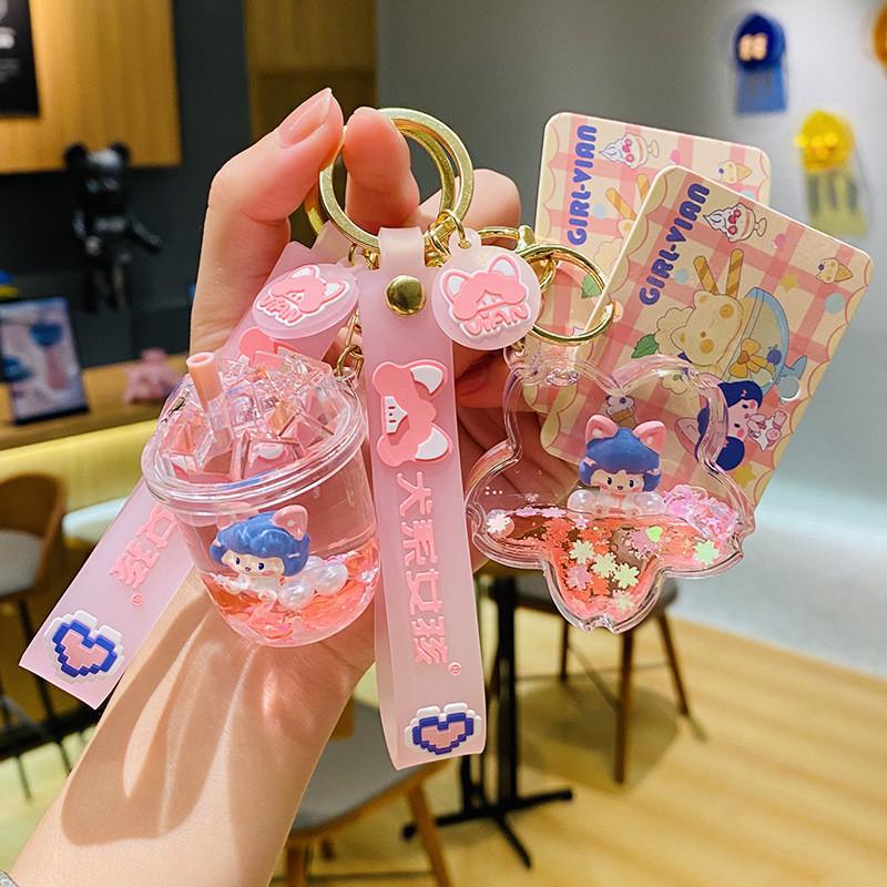 Pendant Girl Figure Dog Keychain Floating Bottle Design Car Key Gift Accessories