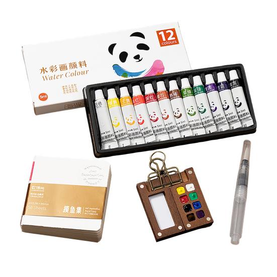 

Мини Набор акварельных палитр 12/24 цвета Карманный дорожный набор для акварельной живописи с деревянным пеналом на 8/15 ячеек, скетчбуком, ручкой и зажимом для бумаги A