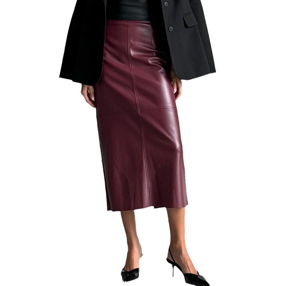 2024 Winter Women's High-Waisted PU Leather Bodycon Midi Skirt with Slit