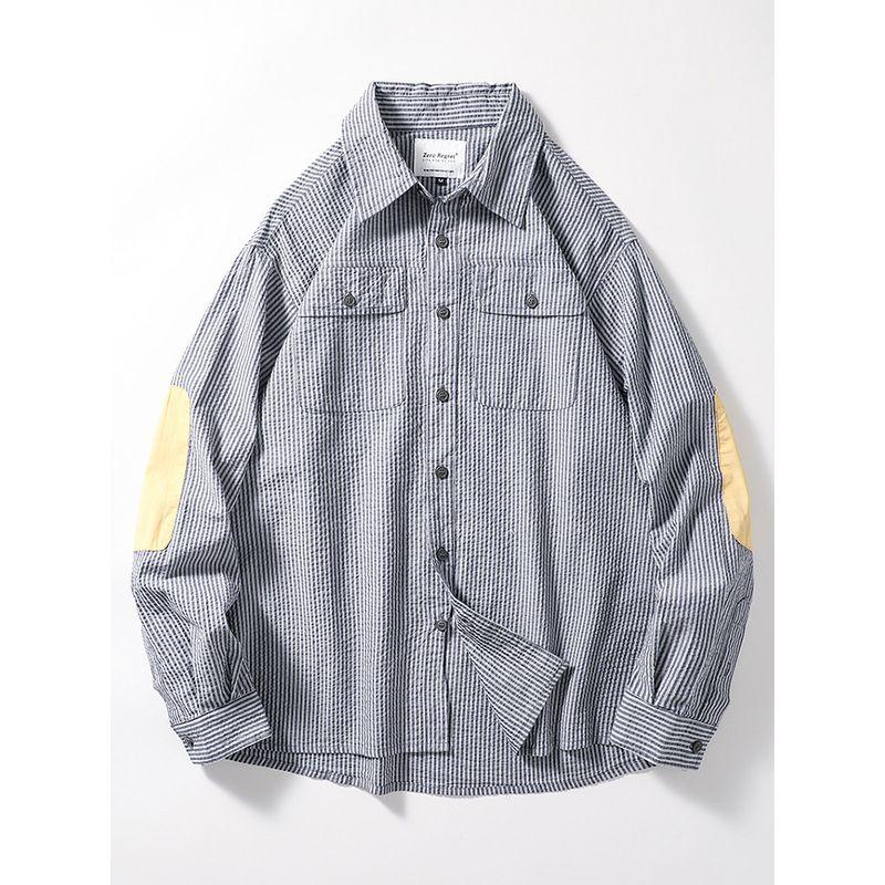 Japanese-Style Retro Long Sleeve Export Full Cotton Casual Seersucker Tibetan Blue L