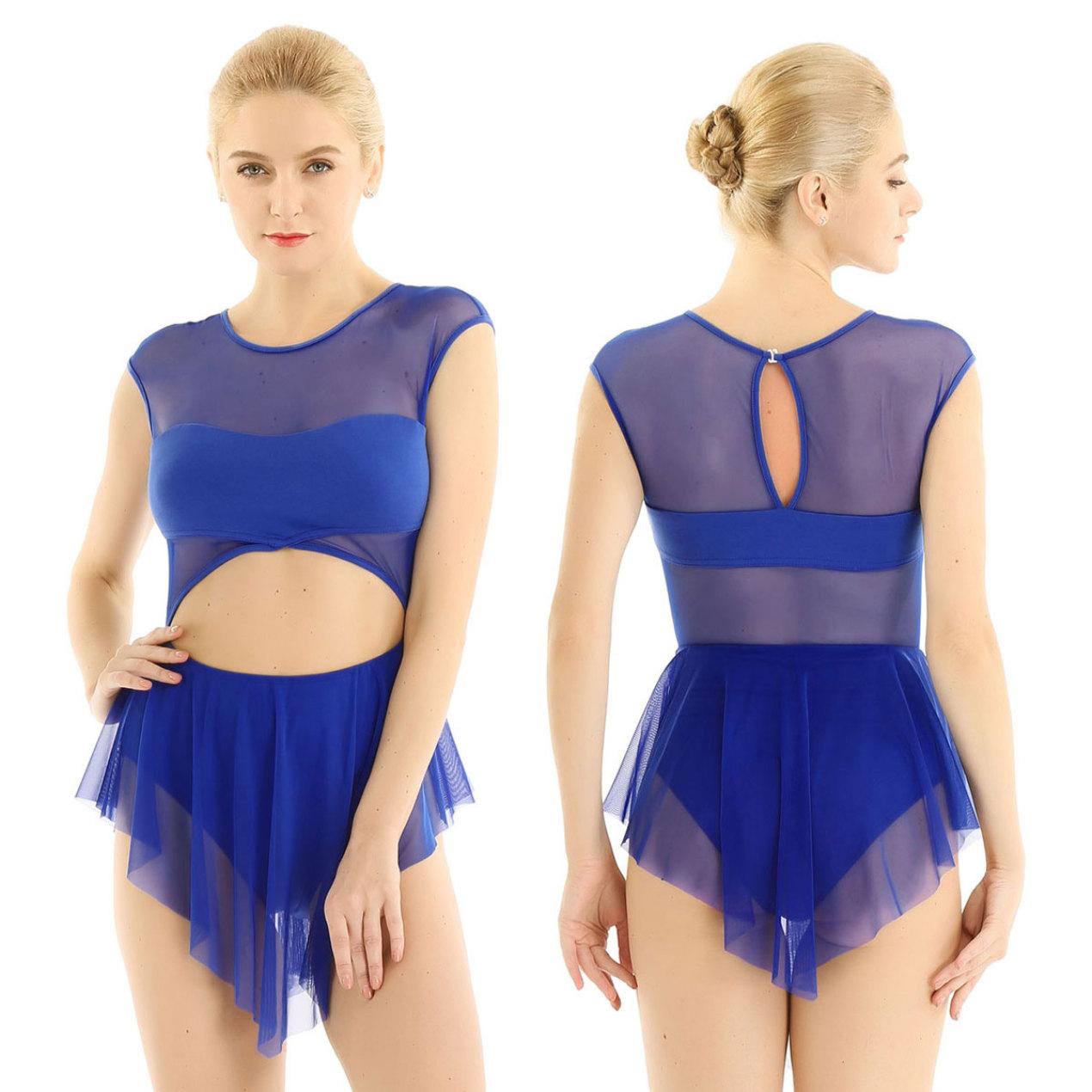 Женское платье без рукавов для взрослых, асимметричное сетчатое лирическое современное танцевальное платье, гимнастическое балетное танцевальное платье XS синий