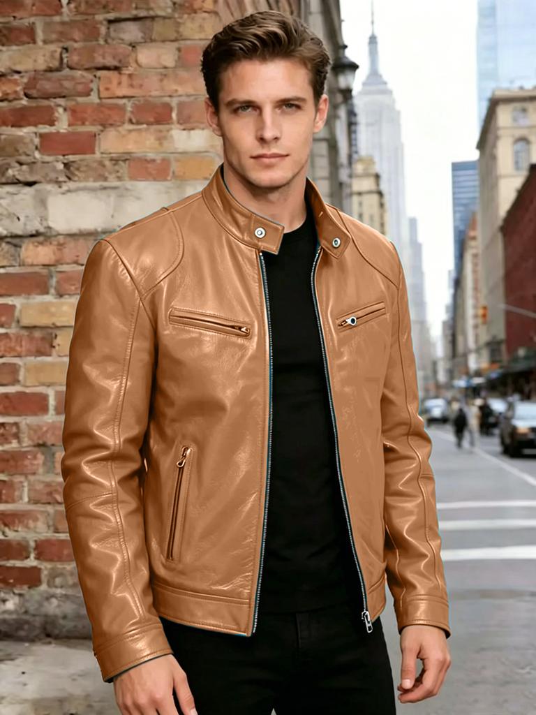 Men's slim-fit PU leather jacket stand-up collar locomotive jacket autumn and winter trend short jacket fashion casual leather jacket