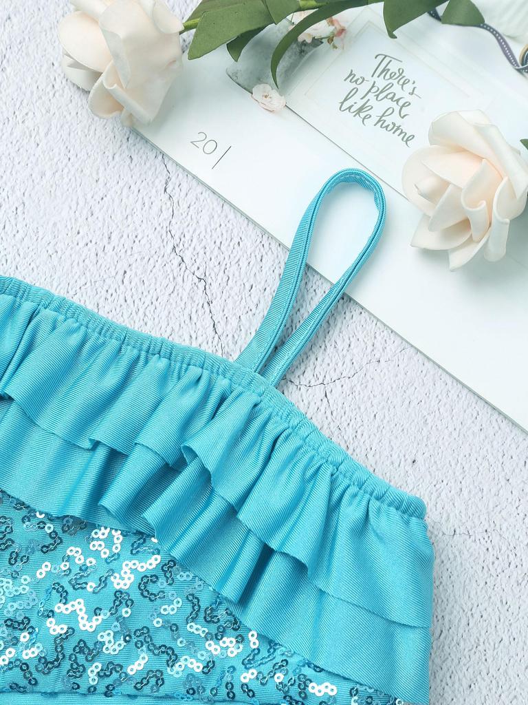 Glossy Sequin Asymmetrical Ruffled Shoulder Top and Shorts 2Pcs Dance Costume Set for Kids Girls