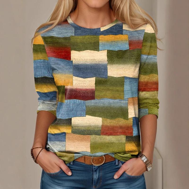 Women's Spring Autumn Long Sleeve Round Neck Slimming T-shirt with Digital Printing Shirt