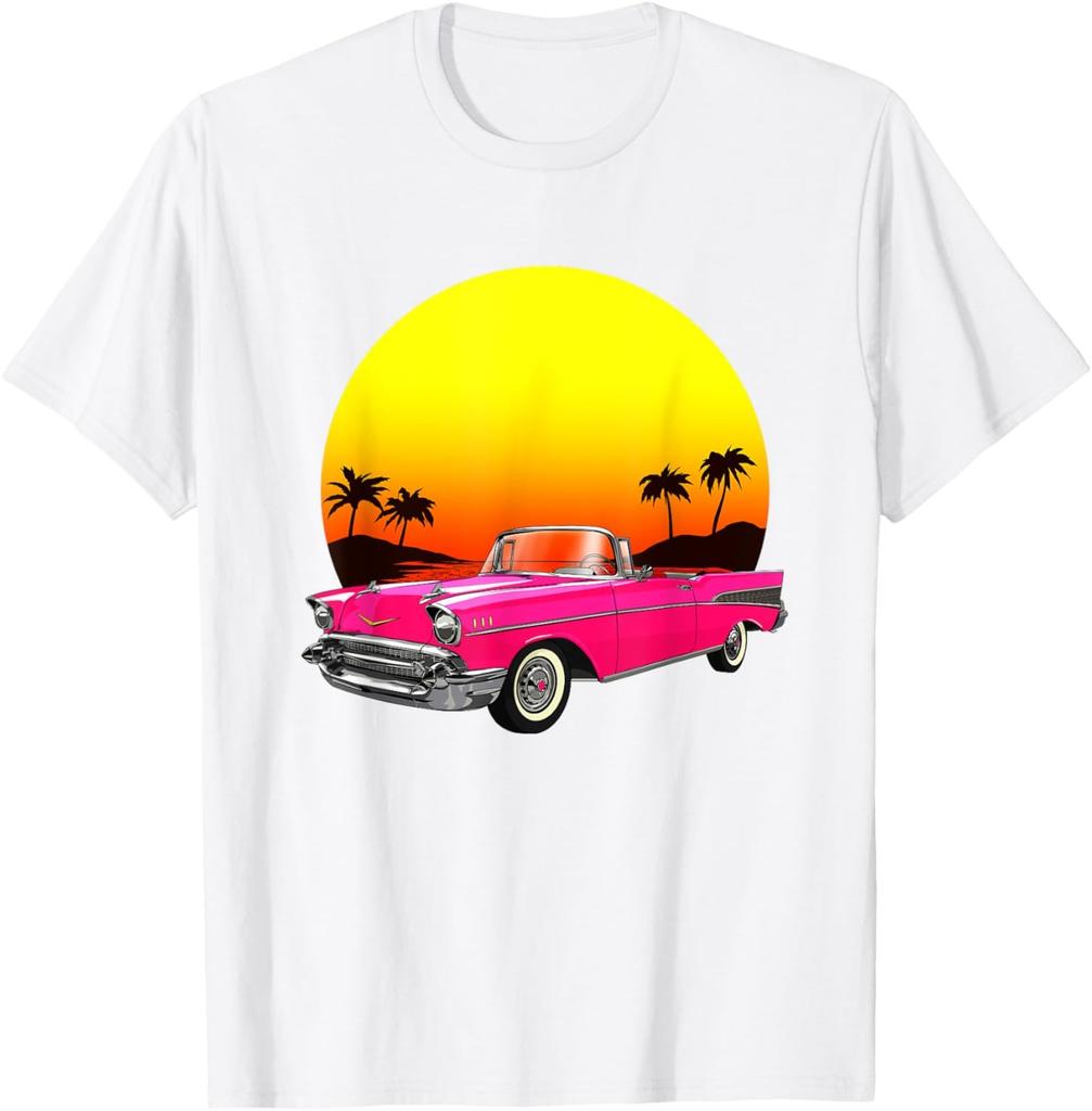 Vintage Classic Novelty Racing Sports Pink Car Sunset T-Shirt