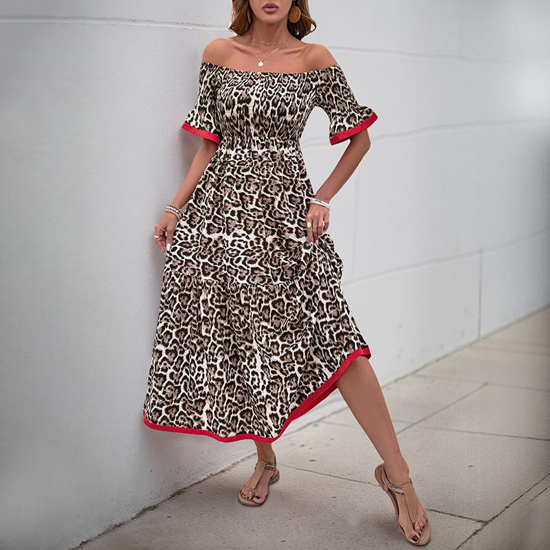 European and American summer hot sale contrasting color splicing long dress retro leopard print high waist one-word shoulder dress women S
