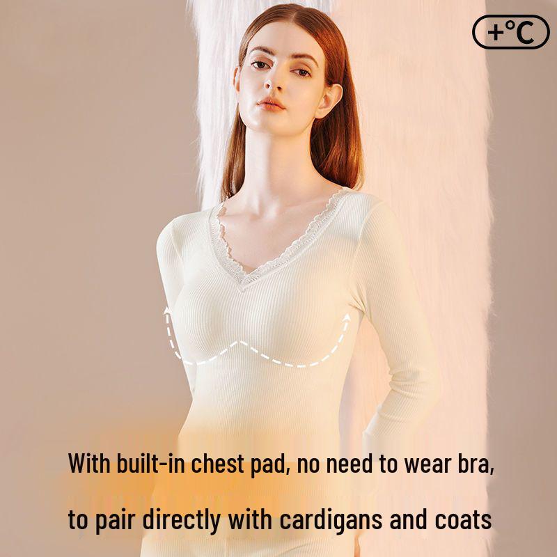 Women's Cashmere Silk Warm Set with Built-In Bra, Plus Velvet, Autumn/Winter 2025 Style, Base Layer Top Innerwear