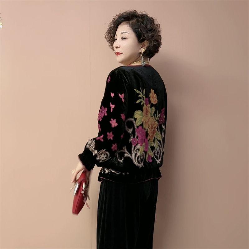 2pcs Vintage Pants Suits High-end Women's Silk Velvet Printed Oversized Blouse High-waist Velvet Pants Two-piece Velvet T-shirt Fall Winter