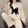 Women Cartoon Cat Flannel Pajama Set Sweet Cute Long Sleeve Pullover 2‑Pieces Warm Casual Home Clothes Loungewear for Students