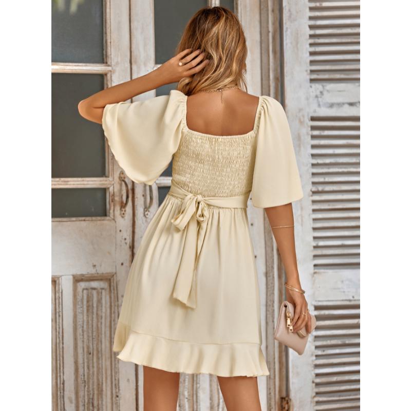 Vestido Mini de Verano Cruzado con Cuello en V Color Sólido Cintura Alta Dobladillo con Volantes Manga Corta Acampanada Elegante Casual Fiesta Cita Uso Diario Vestido de Sol