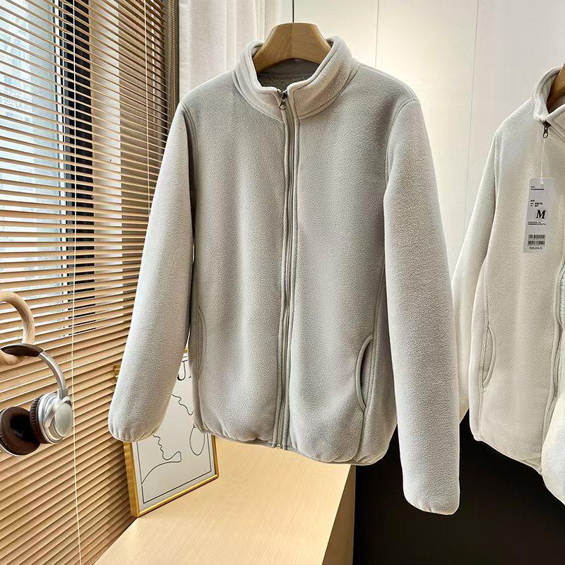 Unisex Retro Fleece Thickened Jacket with Stand Collar and Zipper - Autumn Winter Style