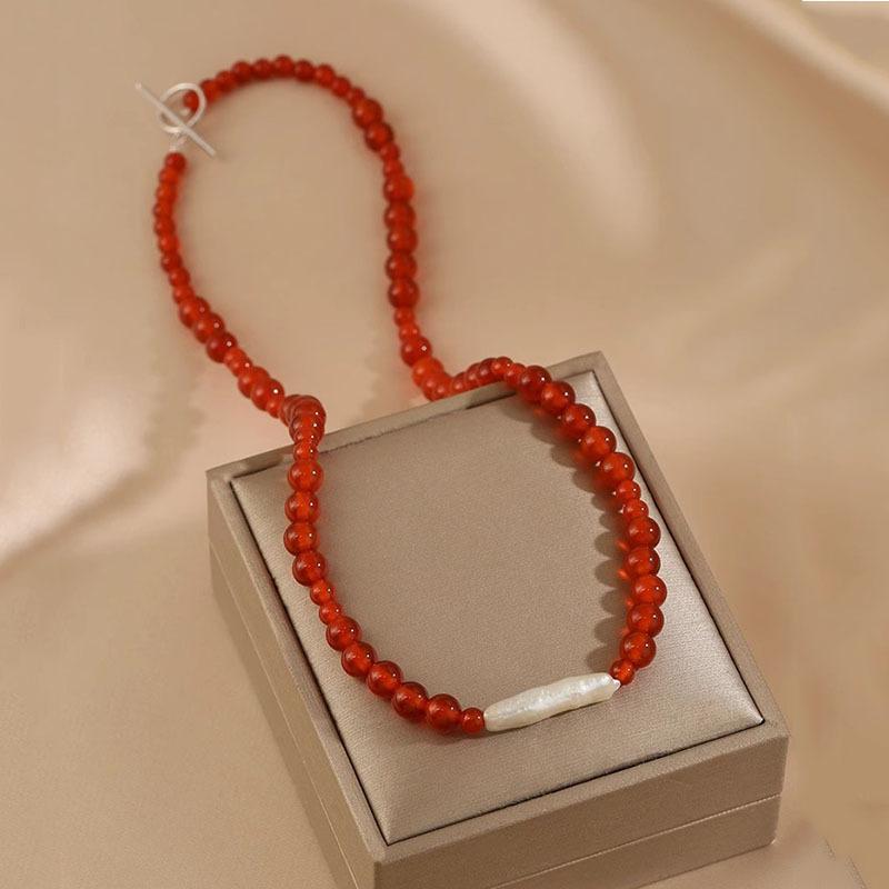 Natural Baroque Pearl Necklace Design Onyx Necklace OT Buckle Red Necklace