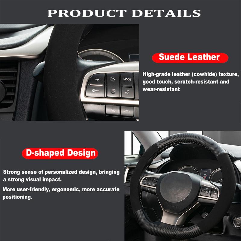 D-Shaped Carbon Fiber & Suede Leather Car Steering Wheel Cover Anti-Slip Protector Breathable Sweat Absorbent Sport 38cm(15Inch)