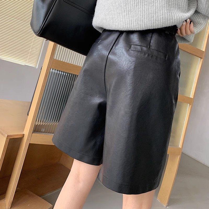 Women s High-Waist Black PU Leather Wide-Leg Shorts - Autumn/Winter 2025 Style M чёрный