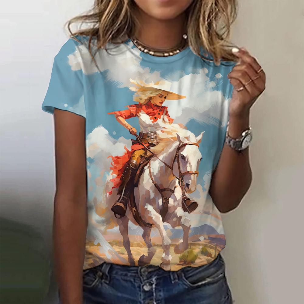Retro Western Women's Short Sleeved T-shirt Top Loose Cowboy 3D Printed T-shirt
