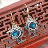 Women Zinc Alloy Retro Bohemia Gold Color Ear Hook Drop Blue Rhombus Glass  Earrings Wedding Party Jewelry Gift