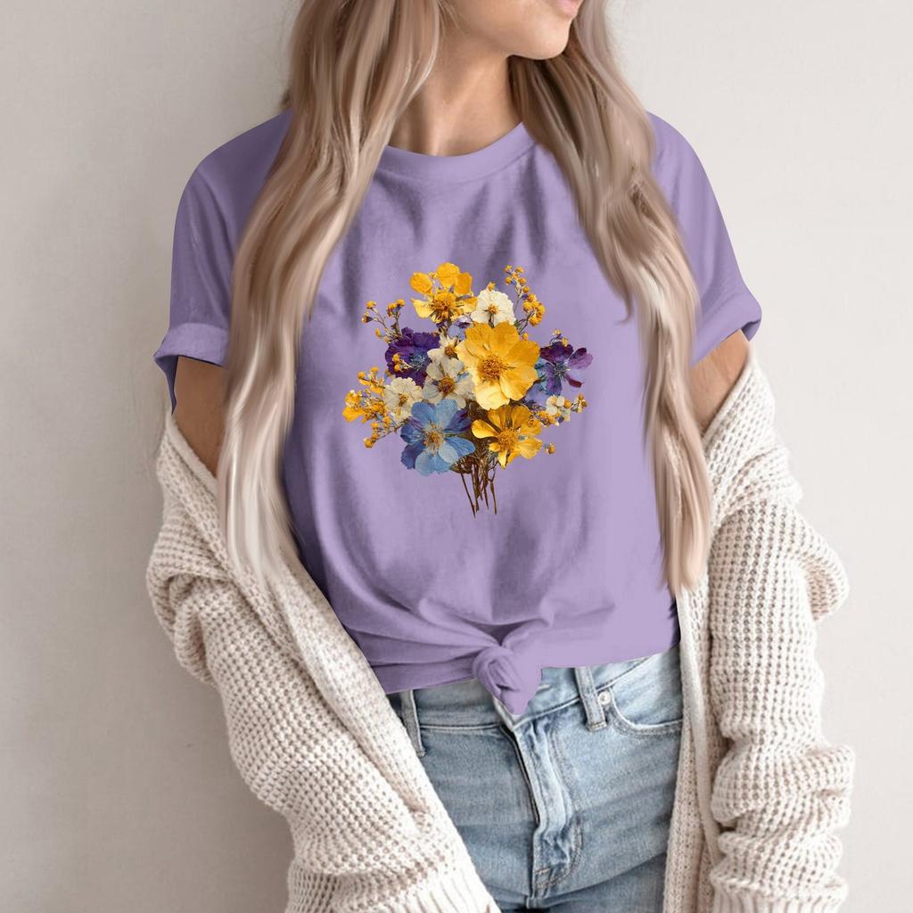 Women's Fashion Casual Printed Round Neck Short Sleeved Pullover T-Shirt Top