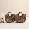 IELGY Fashion Hollow Semicircle Portable Straw Bag Round Handle Contrast Color Woven Vacation Beach Bag