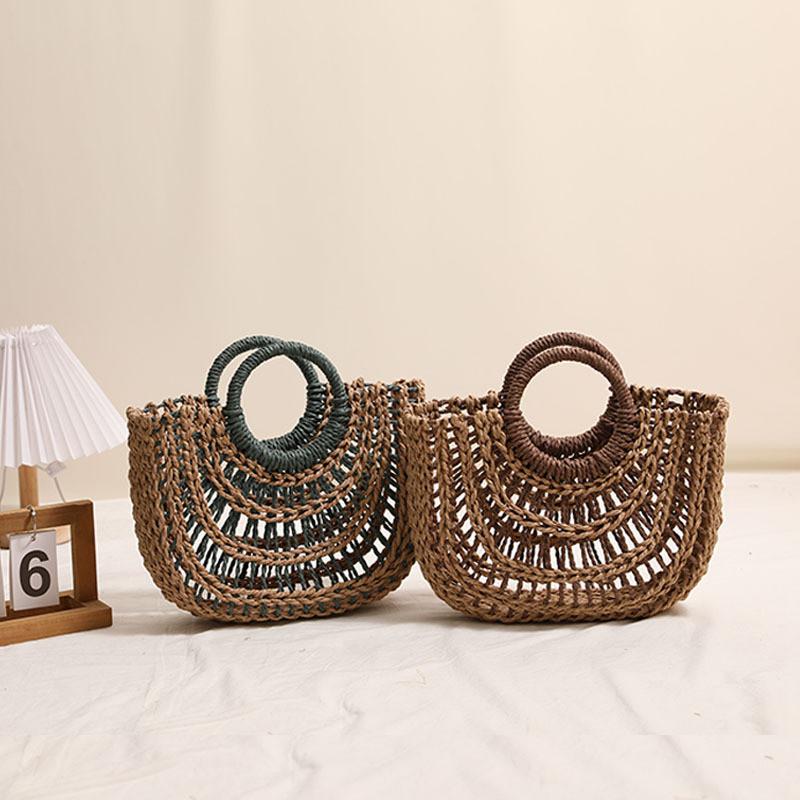 IELGY Fashion Hollow Semicircle Portable Straw Bag Round Handle Contrast Color Woven Vacation Beach Bag