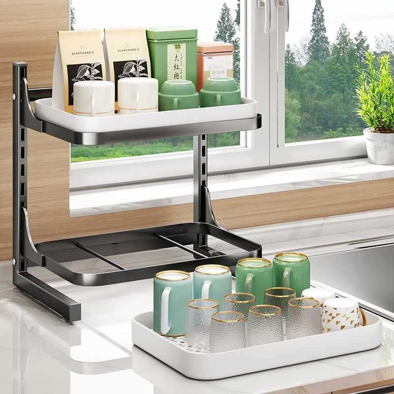 Adjustable 6-Tier Metal Cup Organizer Rack Countertop Or Wall Mount Modern Drinkware Storage Glasses Wine Cups Mugs