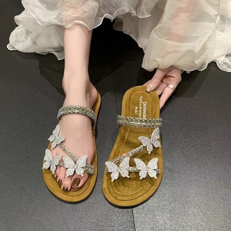 French One-word Slippers 2025 Summer Cool Wear Versatile Rhinestone Butterfly Comfortable Two Wear Flat Fairy Style Slippers