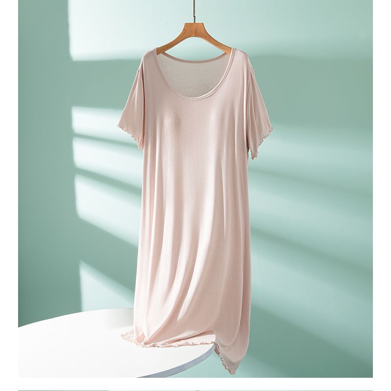 

Summer Bra-Free Home Dress Loose Modal Thin A Word Dress Short sleeve round Neck Chest Pad Flying Nightdress Champagne Free size [recommend 40.00 kg-80.00 kg]]