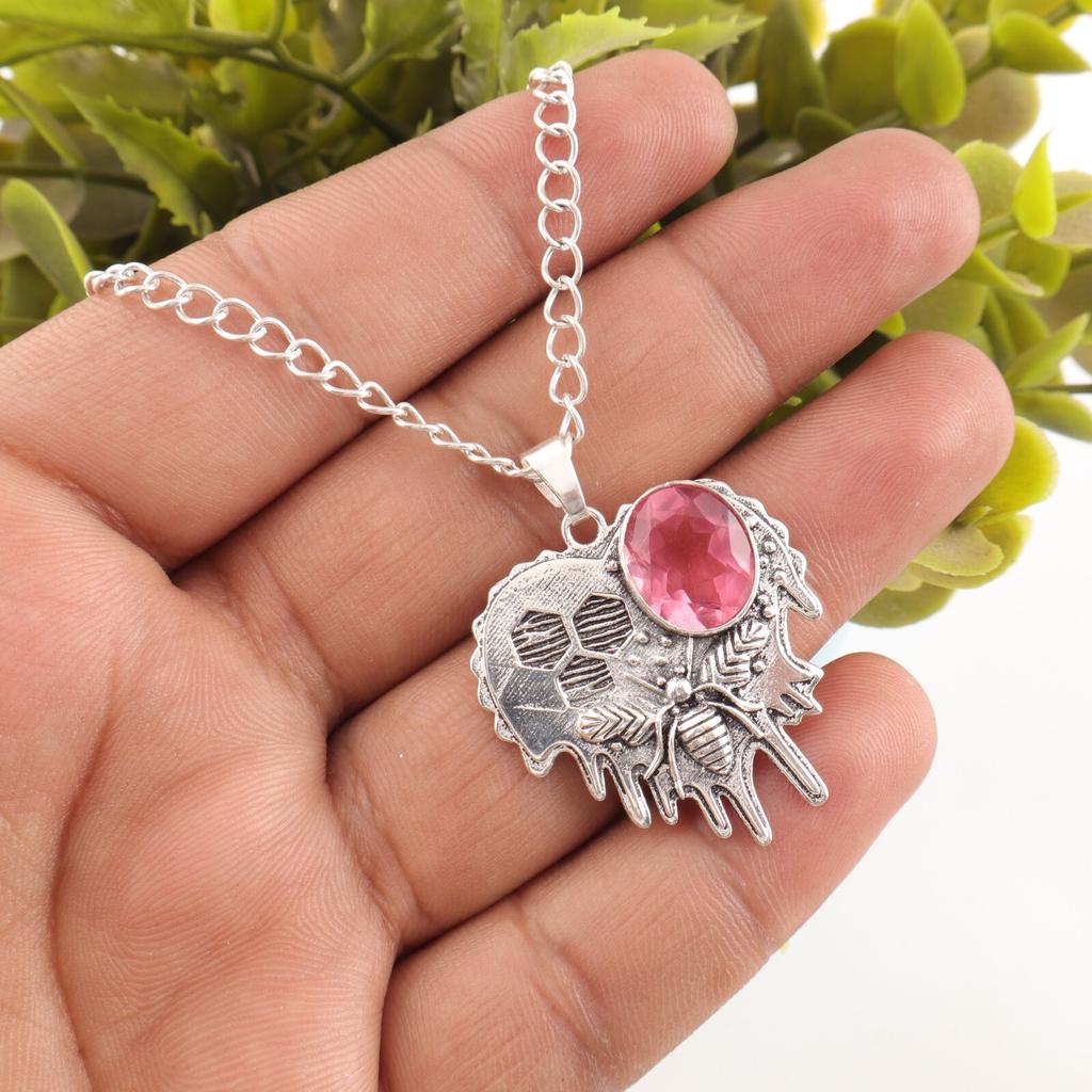 Pink Tourmaline Gemstone 925 Sterling Silver Jewelry Pendant 1.49" Gift For Wife CP-28-16