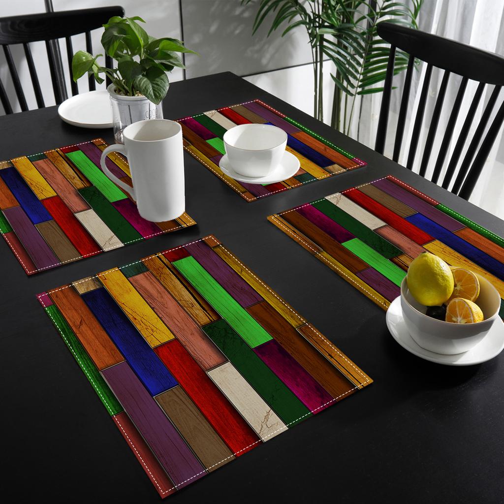 Vibrant Rainbow Wood Grain Patchwork Rectangular Placemat Set For Colorful Dining Table Decor Coffee Shop Store